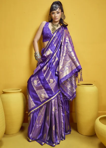 Royal Purple Satin Silk Banarasi Saree with Heavy Zari Pallu