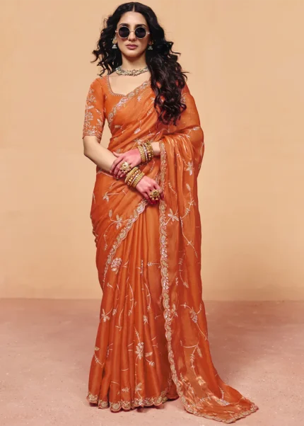 Saffron Orange Embroidered Organza Saree