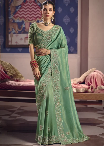 Sage Green Tissue Silk Saree with Pearl & Cutdana Embroidery