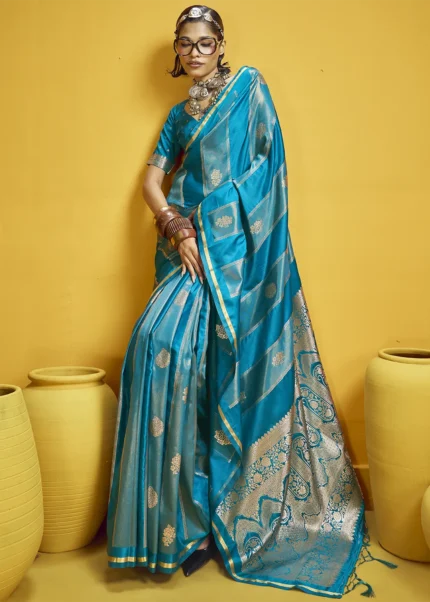 Sapphire Blue Satin Silk Banarasi Saree with Heavy Zari Pallu