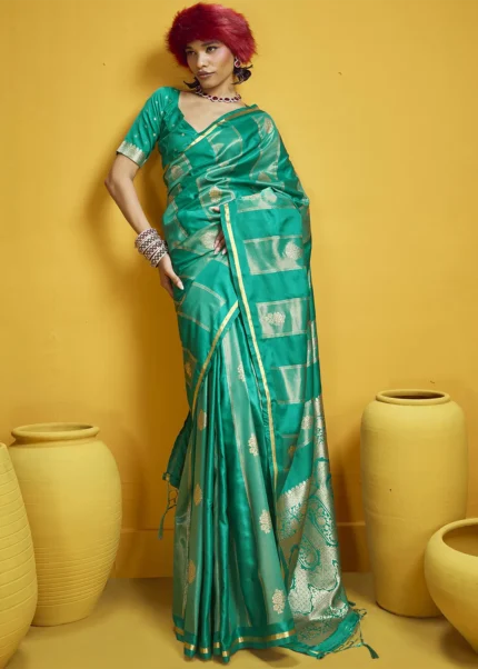 Teal Satin Silk Banarasi Saree with Heavy Zari Pallu