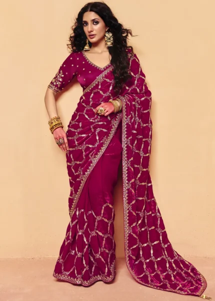 Wine Red Embroidered Organza Saree