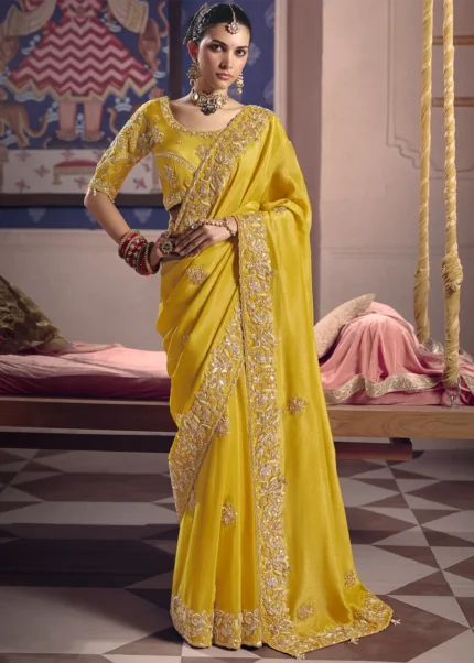 Yellow Tissue Silk Saree with Pearl & Cutdana Embroidery