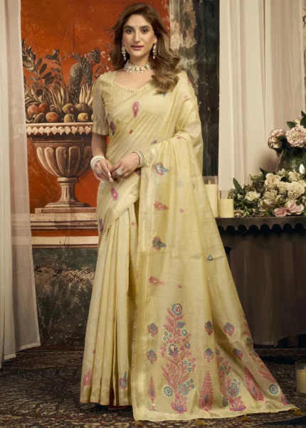 Beige Linen Saree with Meenakari Work