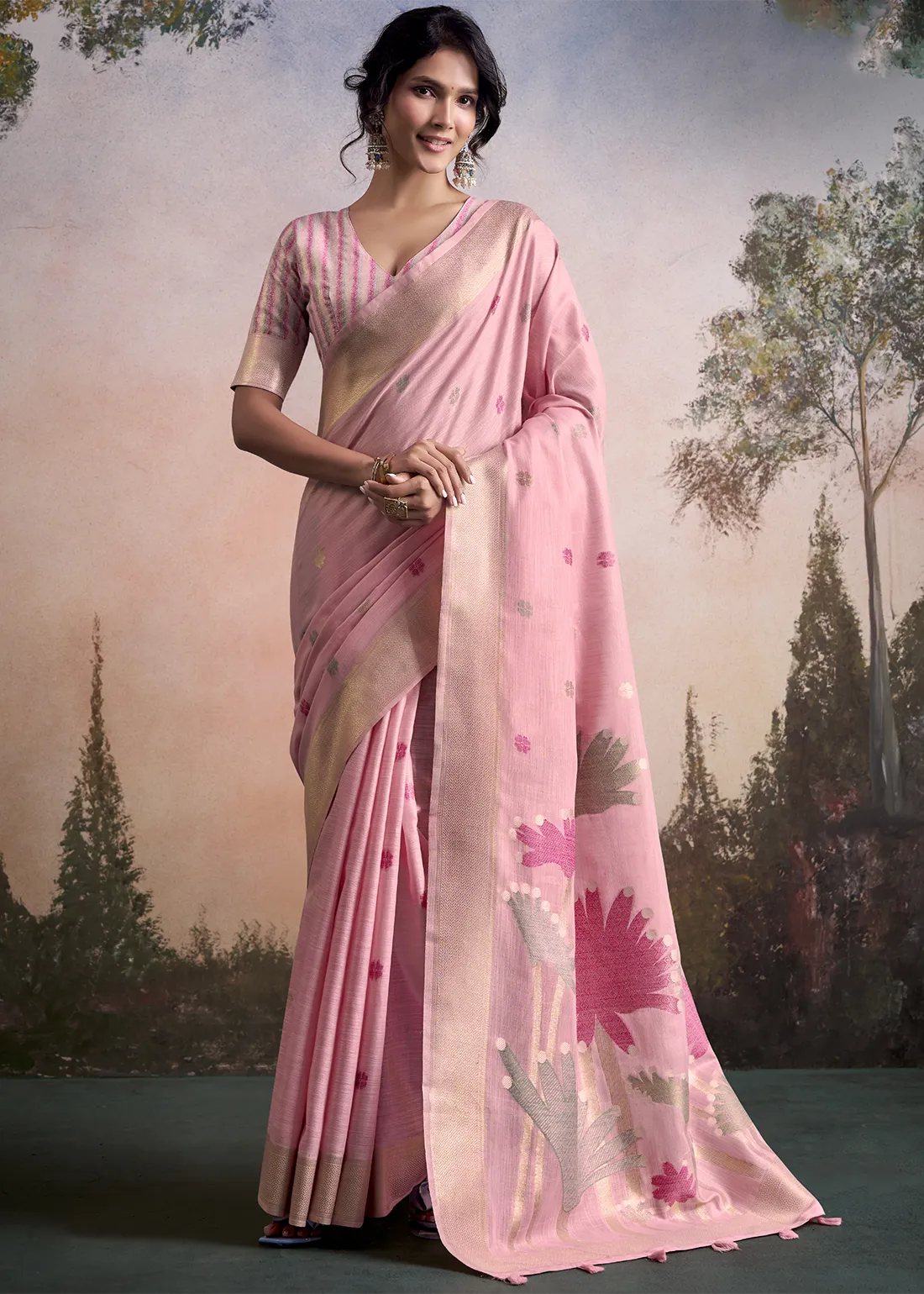 Blush Pink Woven Linen Silk Saree with Floral Motifs Blush Pink Woven Linen Silk Saree with Floral Motifs