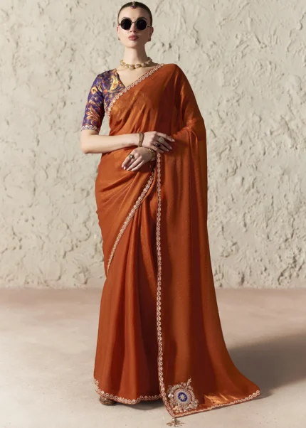 Burnt Orange Embroidered Organza Silk Saree
