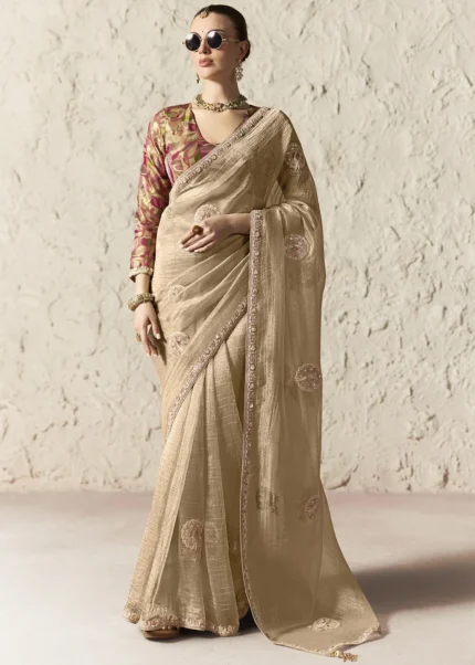 Champagne Beige Embroidered Organza Silk Saree