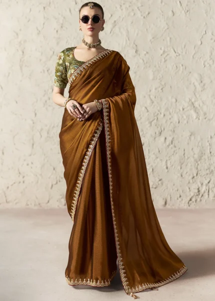 Copper Brown Embroidered Chiffon Saree