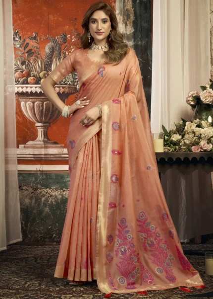 Coral Peach Linen Saree with Meenakari Work