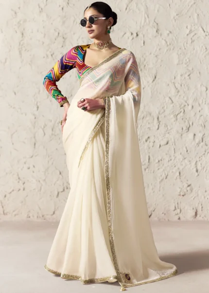 Ivory White Embroidered Organza Silk Saree