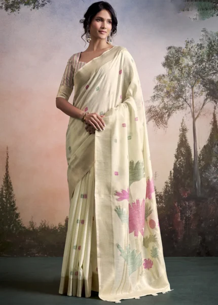 Ivory Woven Linen Silk Saree with Floral Motifs