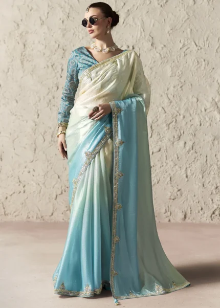 Ivory and Aqua Blue Ombré Organza Silk Saree