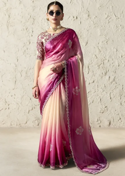 Ivory and Magenta Ombré Organza Silk Saree