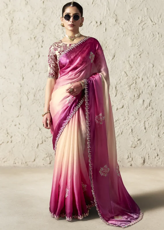 Ivory and Magenta Ombré Organza Silk Saree