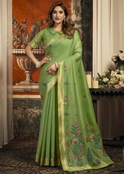 Leaf Green Linen Saree with Meenakari Work