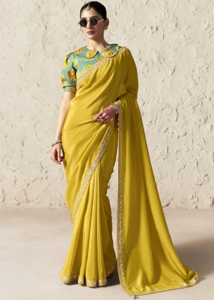 Lemon Yellow Embroidered Organza Silk Saree