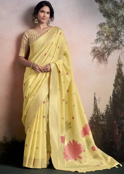 Lemon Yellow Woven Linen Silk Saree with Floral Motifs