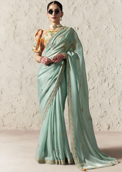 Mint Green Embroidered Organza Silk Saree