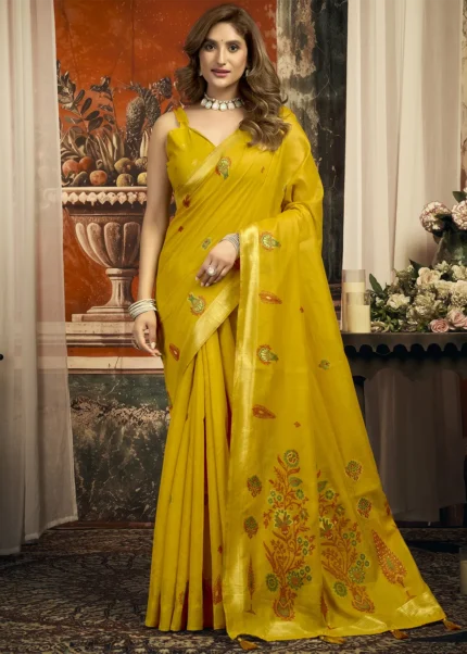 Mustard Yellow Linen Saree with Meenakari Work