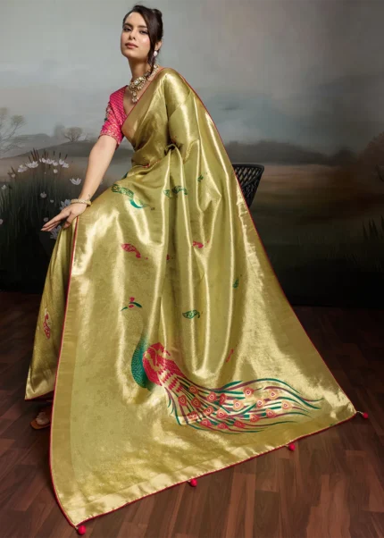 Olive Banarasi Saree with Meenakari Work