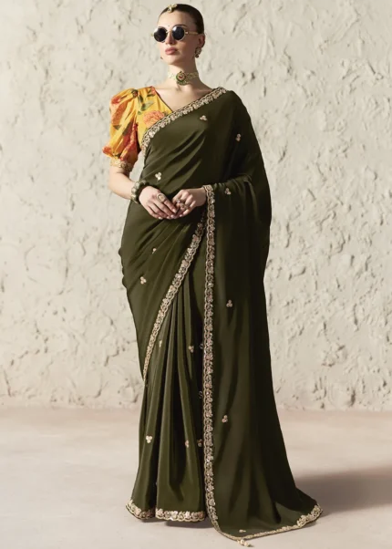 Olive Green Embroidered Organza Silk Saree