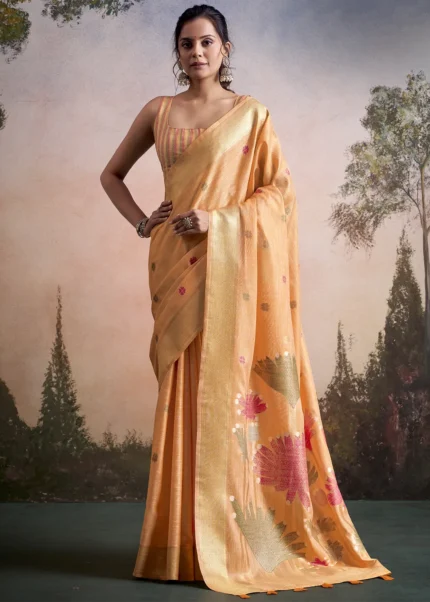 Pastel Peach Woven Linen Silk Saree with Floral Motifs
