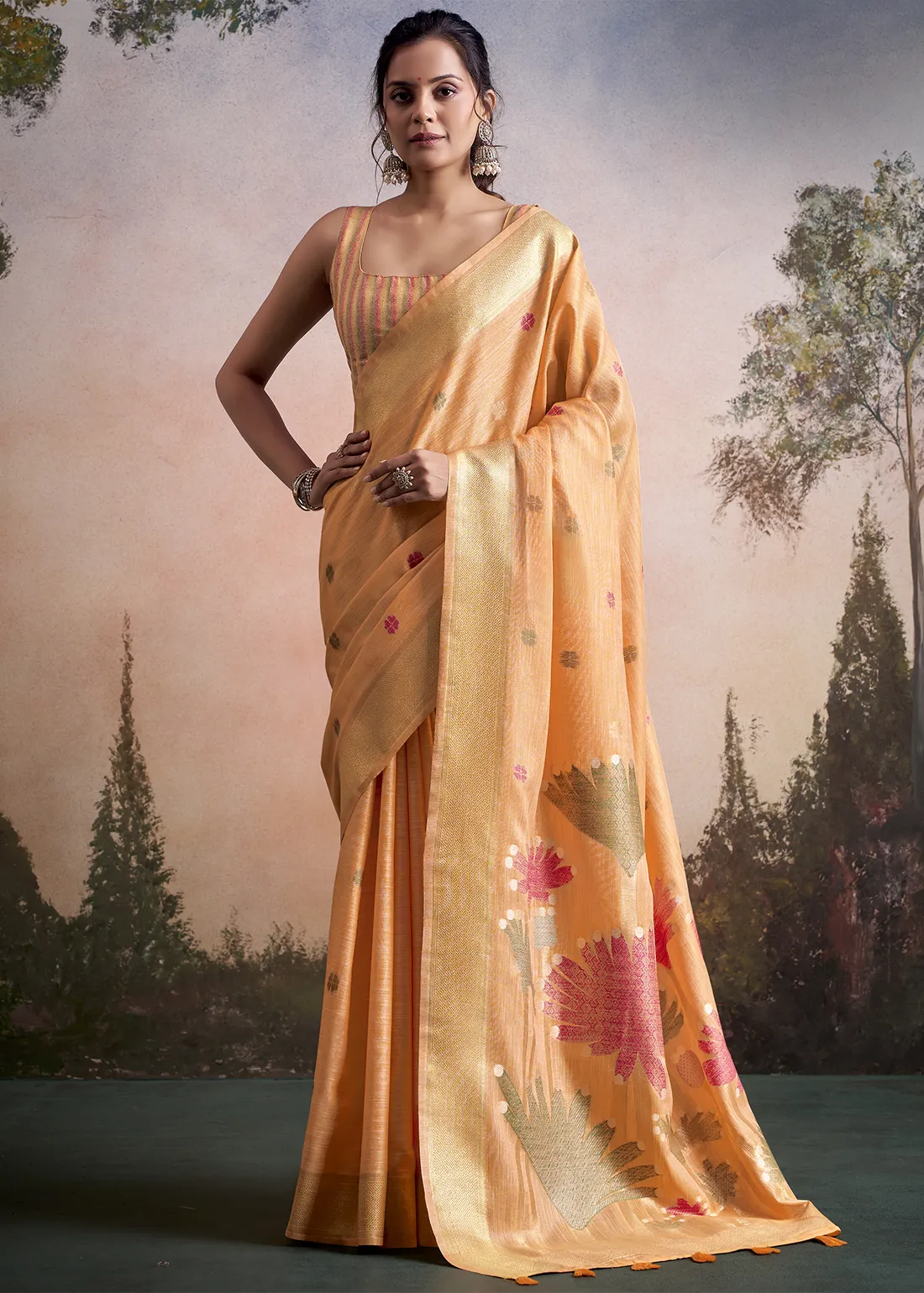 Pastel Peach Woven Linen Silk Saree with Floral Motifs Pastel Peach Woven Linen Silk Saree with Floral Motifs