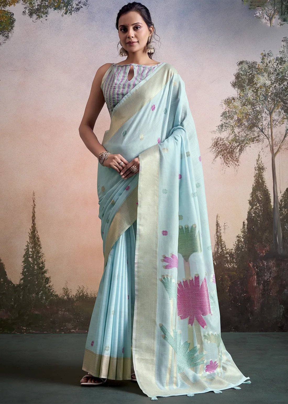 Powder Blue Woven Linen Silk Saree with Floral Motifs Powder Blue Woven Linen Silk Saree with Floral Motifs
