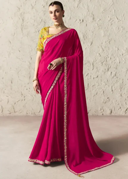 Raspberry Pink Embroidered Chiffon Saree