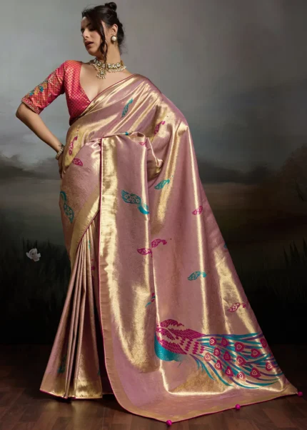 Rose Gold Banarasi Saree with Meenakari