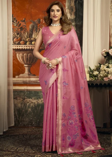 Rose Pink Linen Saree with Meenakari Work