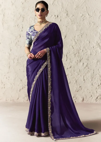Royal Purple Embroidered Organza Silk Saree