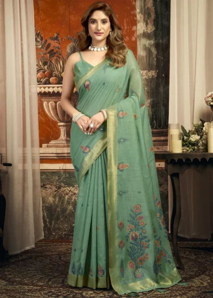 Teal Linen Saree with Meenakari Work