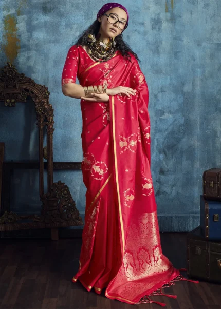 Crimson Red Satin Silk Banarasi Saree