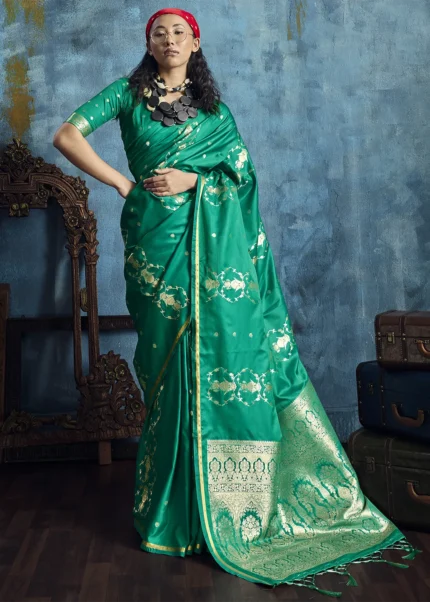 Jade Green Satin Silk Banarasi Saree