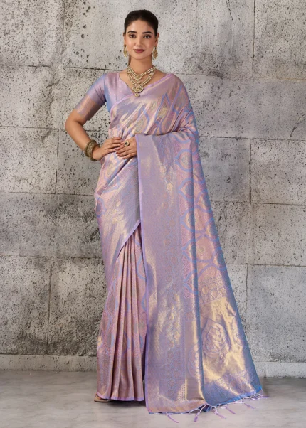 Lavender Kanjivaram Silk Saree with Zari Motifs