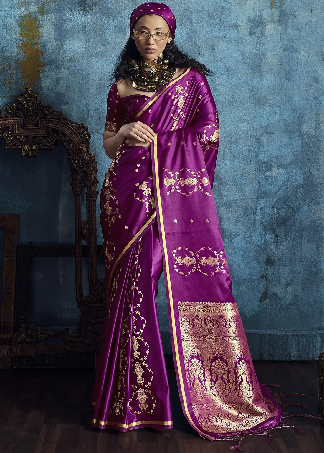 Magenta Satin Silk Banarasi Saree with Zari Floral Vines Magenta Satin Silk Banarasi Saree with Zari Floral Vines