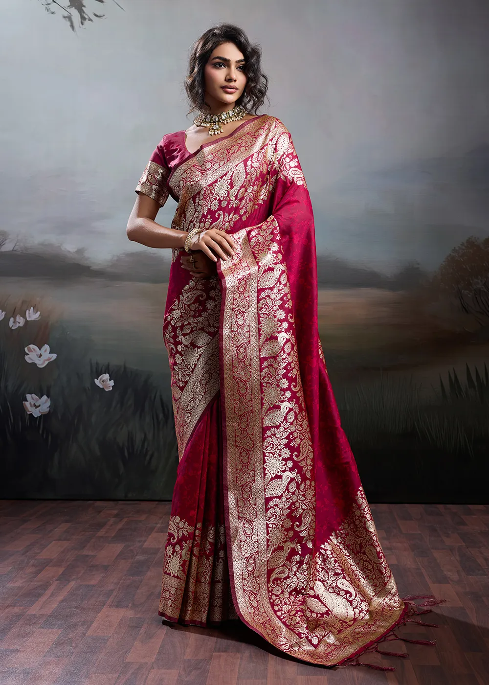 Maroon Banarasi Silk Saree with Peacock Zari Motifs Maroon Banarasi Silk Saree with Peacock Zari Motifs