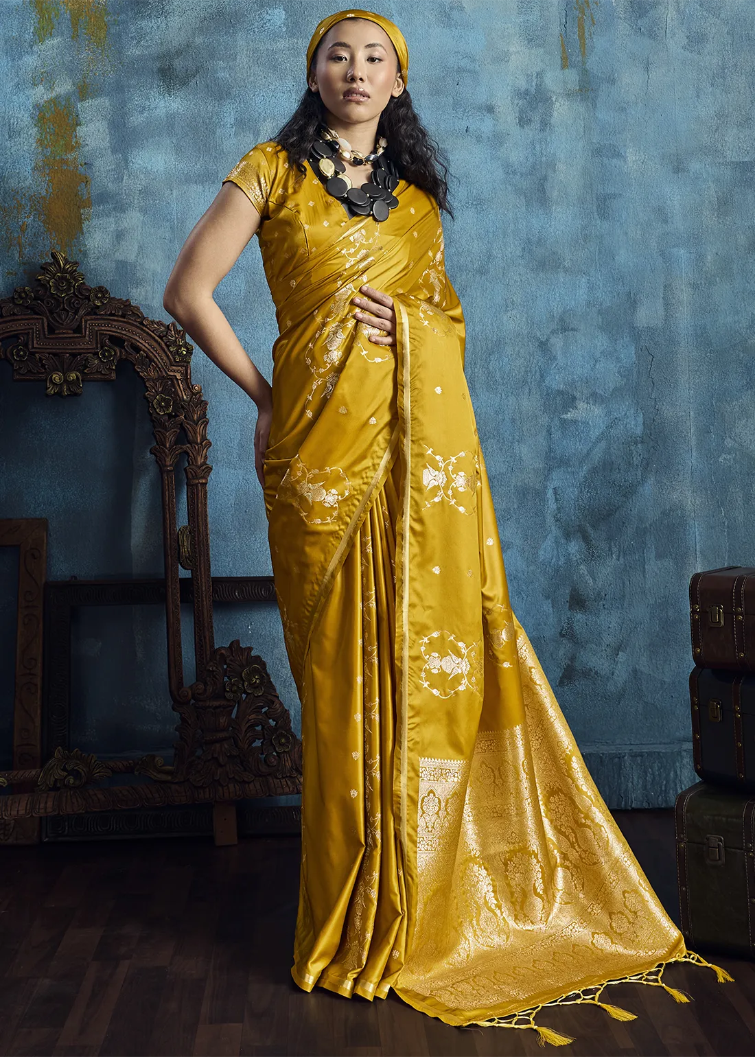 Mustard Yellow Satin Silk Banarasi Saree Mustard Yellow Satin Silk Banarasi Saree