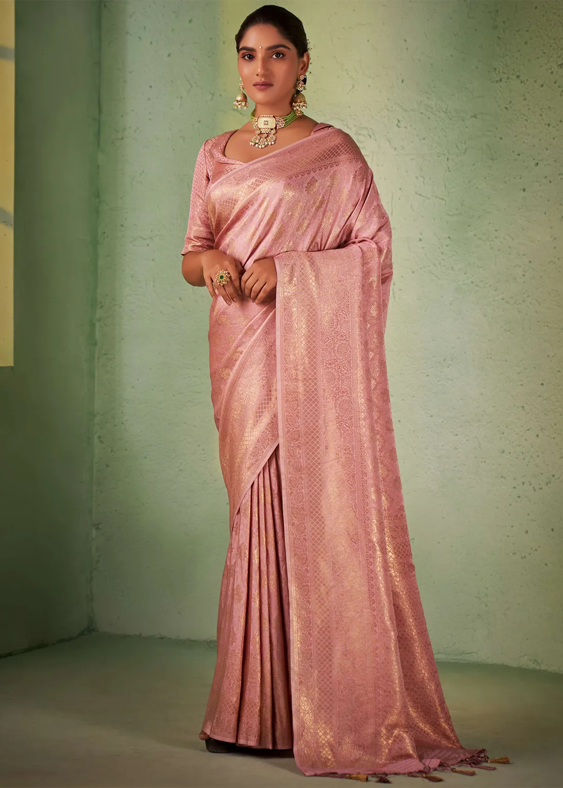 Peach Kanjivaram Silk Saree with Brocade Blouse Peach Kanjivaram Silk Saree with Brocade Blouse