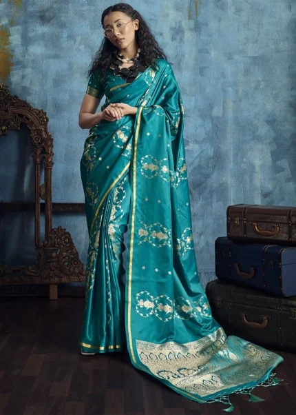 Peacock Blue Satin Silk Banarasi Saree