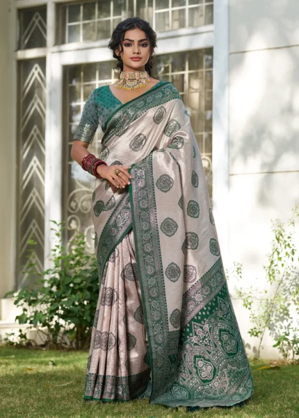 Pearl White Banarasi Saree with Emerald Green Blouse