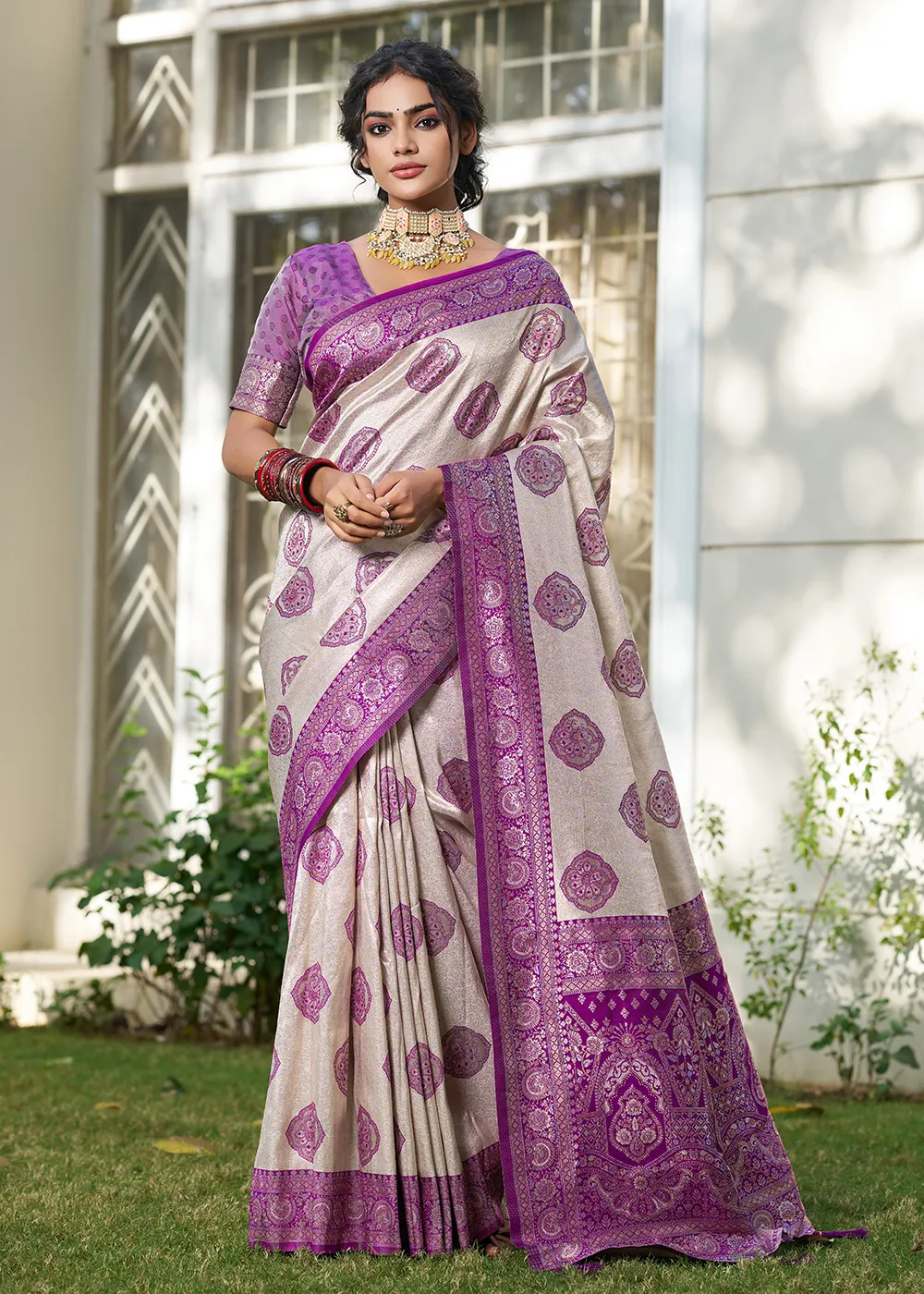 Pearl White Banarasi Saree with Royal Purple Blouse Pearl White Banarasi Saree with Royal Purple Blouse