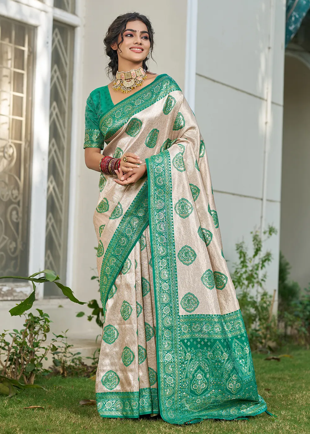 Pearl White and Jade Green Banarasi Saree Pearl White and Jade Green Banarasi Saree