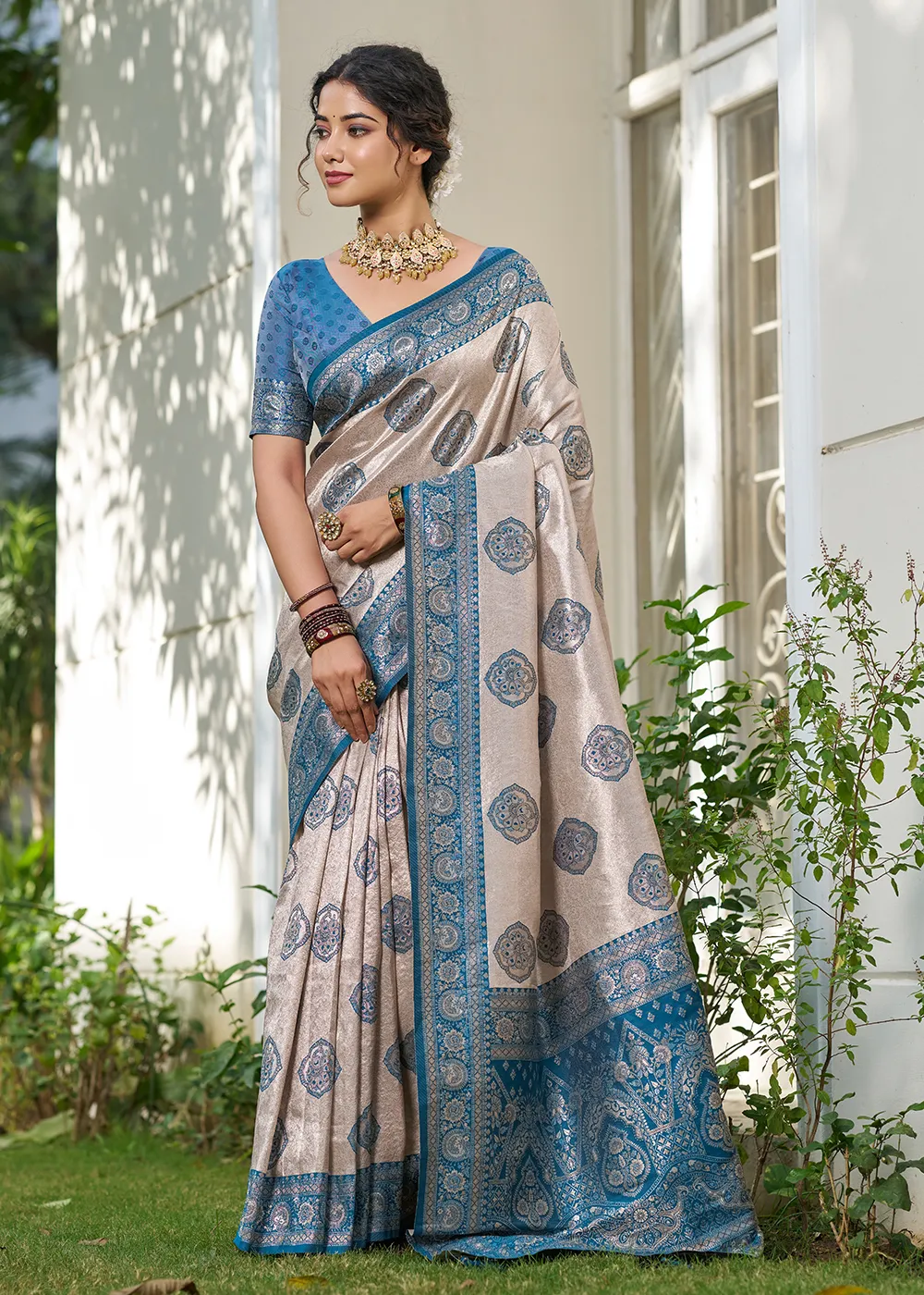 Pearl White and Peacock Blue Banarasi Saree Pearl White and Peacock Blue Banarasi Saree