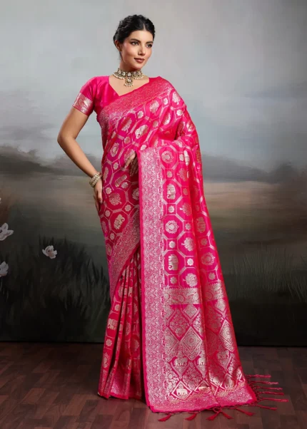 Rani Pink Banarasi Silk Saree with Elephant Zari Motifs