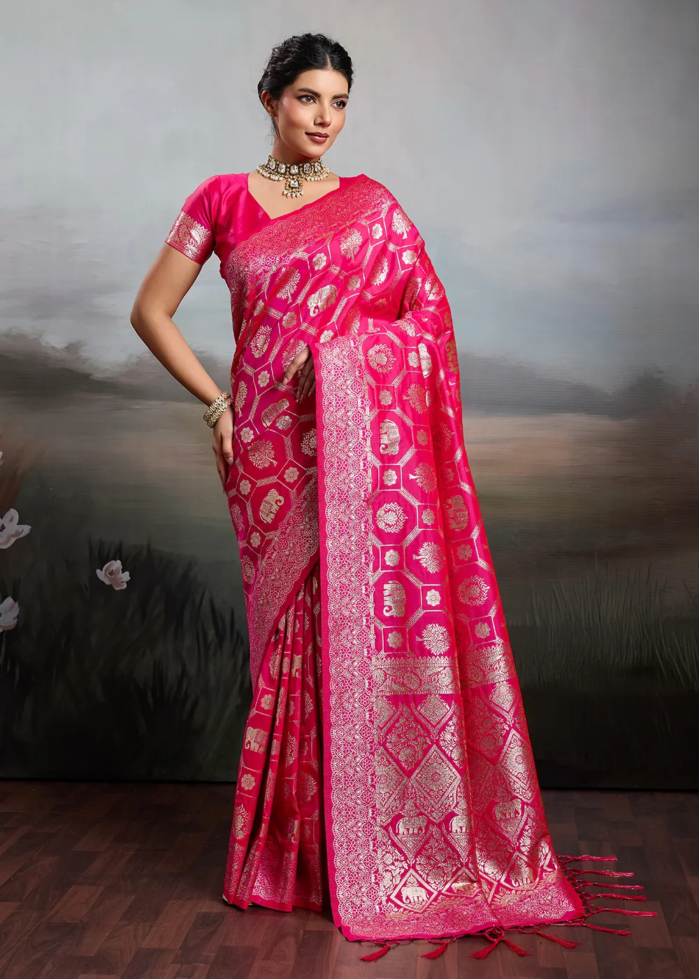 Rani Pink Banarasi Silk Saree with Elephant Zari Motifs Rani Pink Banarasi Silk Saree with Elephant Zari Motifs