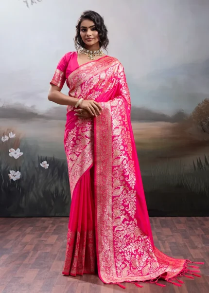 Rani Pink Banarasi Silk Saree with Peacock Zari Motifs
