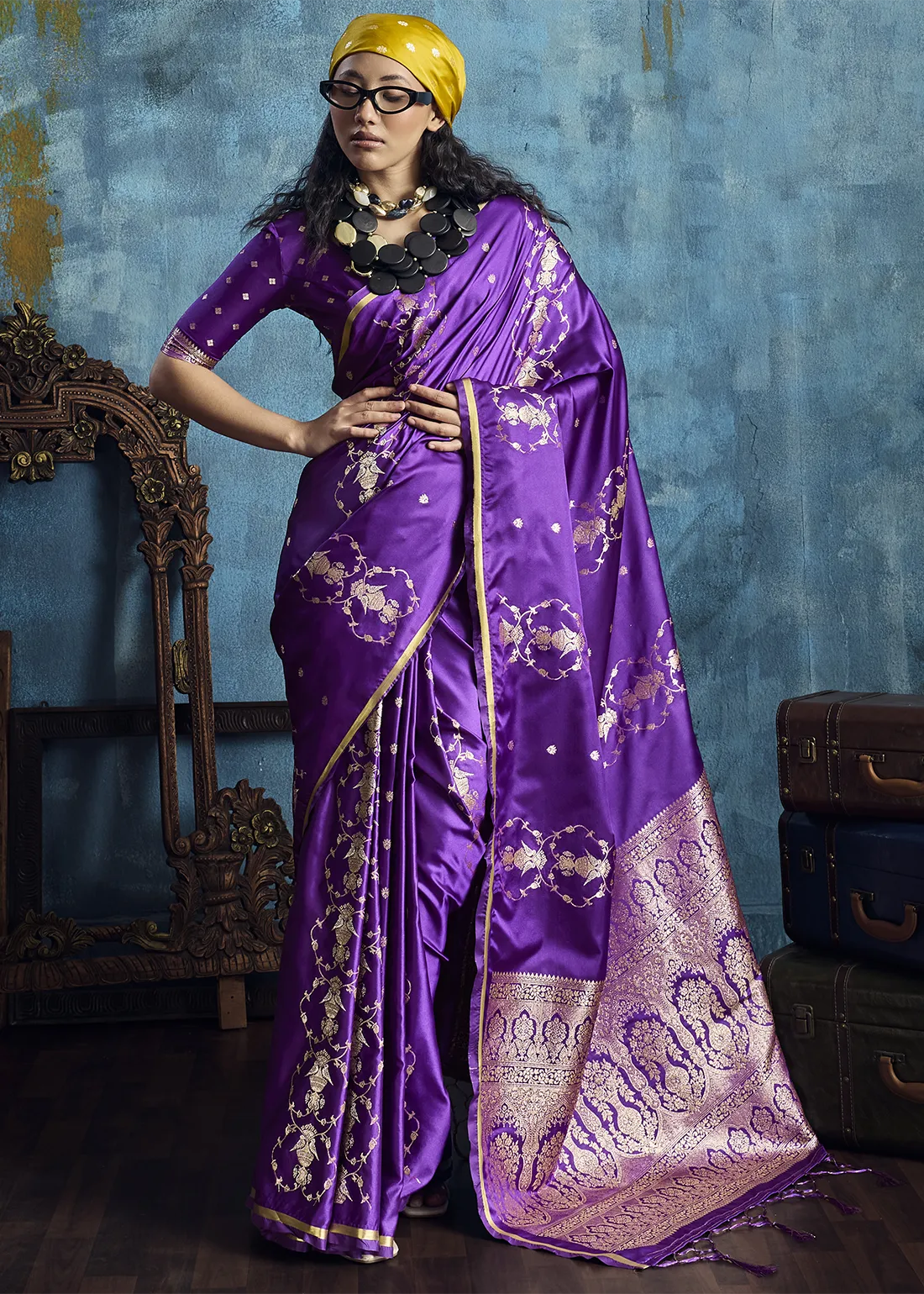 Royal Purple Satin Silk Banarasi Saree Royal Purple Satin Silk Banarasi Saree