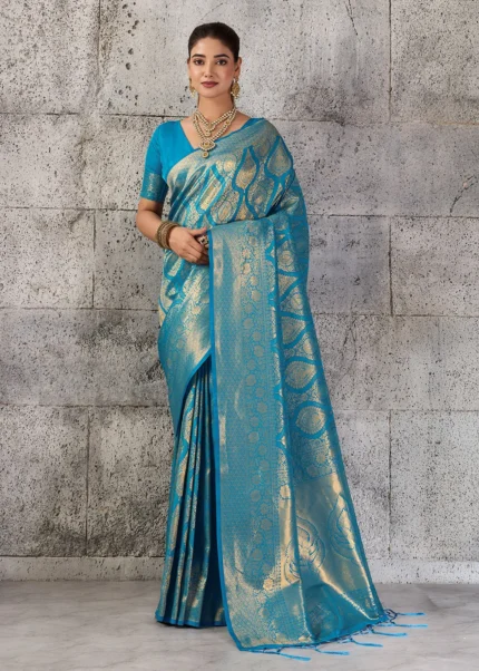Teal Blue Kanjivaram Silk Saree with Zari Motifs